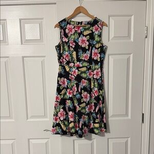 Floral Sleeveless Dress - Black with Pink and Green